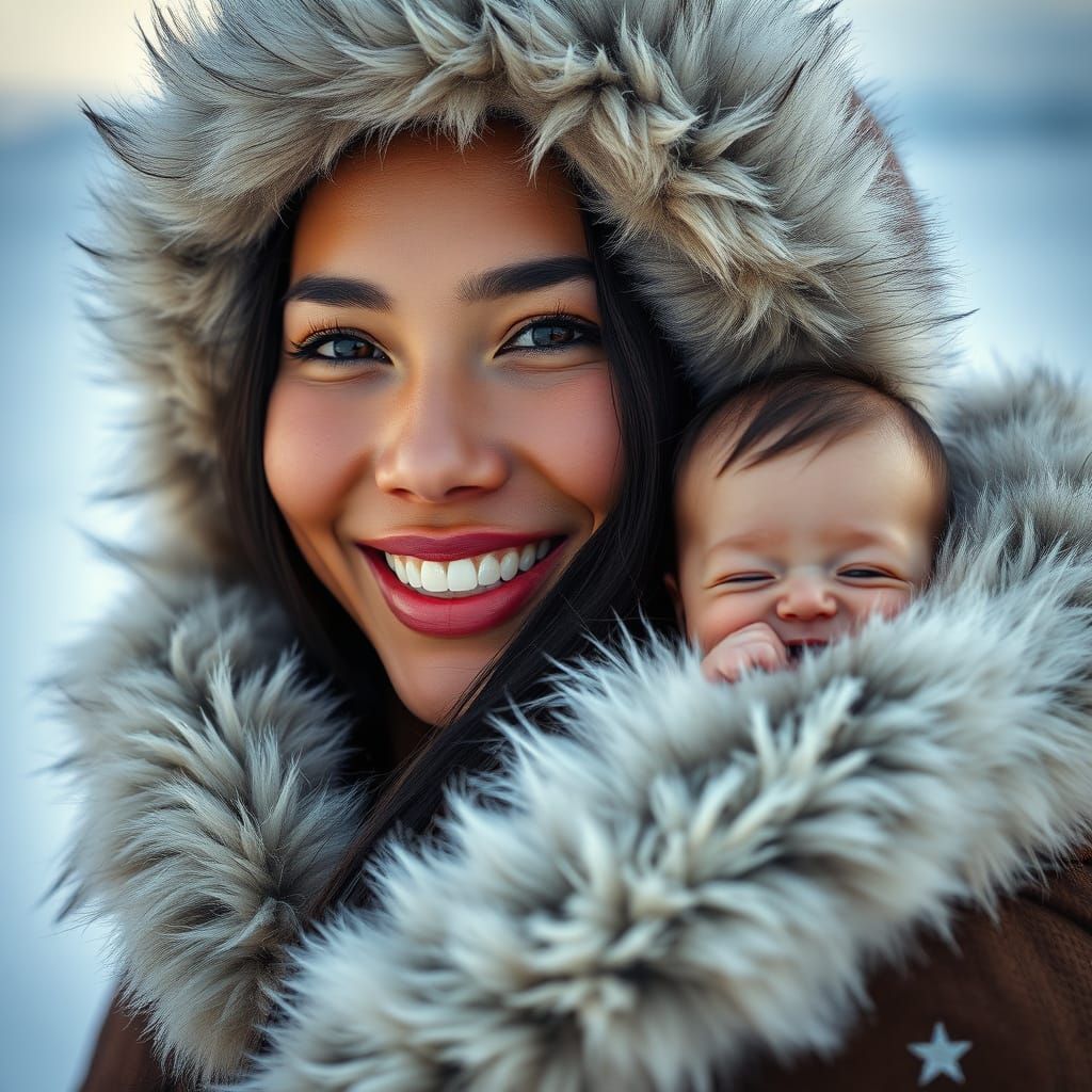 Elegant Inuit Woman in Seal-Skin Parka, Vibrant Portrait in ...