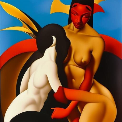 Warrior Woman with Dragon in Art Deco Style