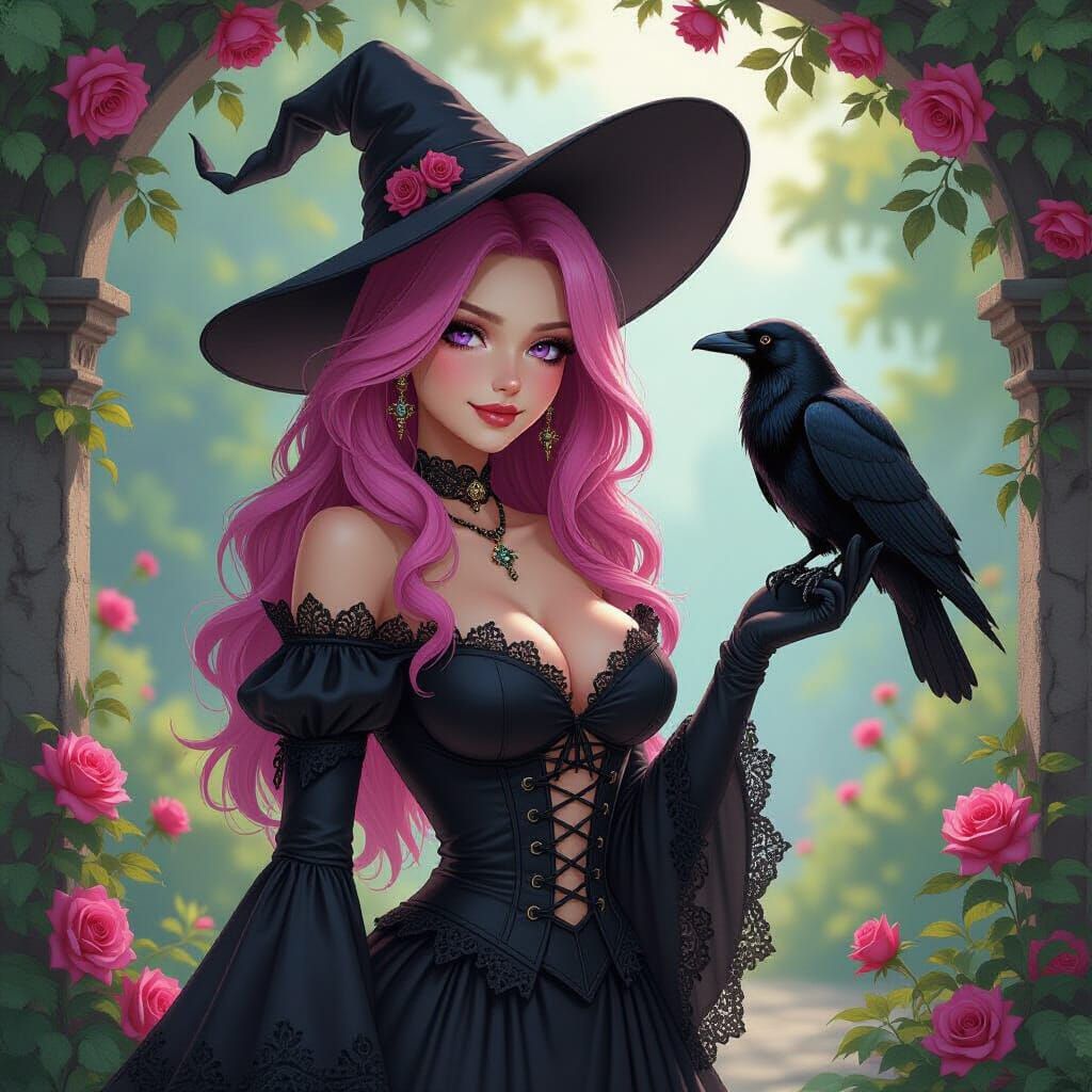Gothic Witch with Raven in Rose Garden