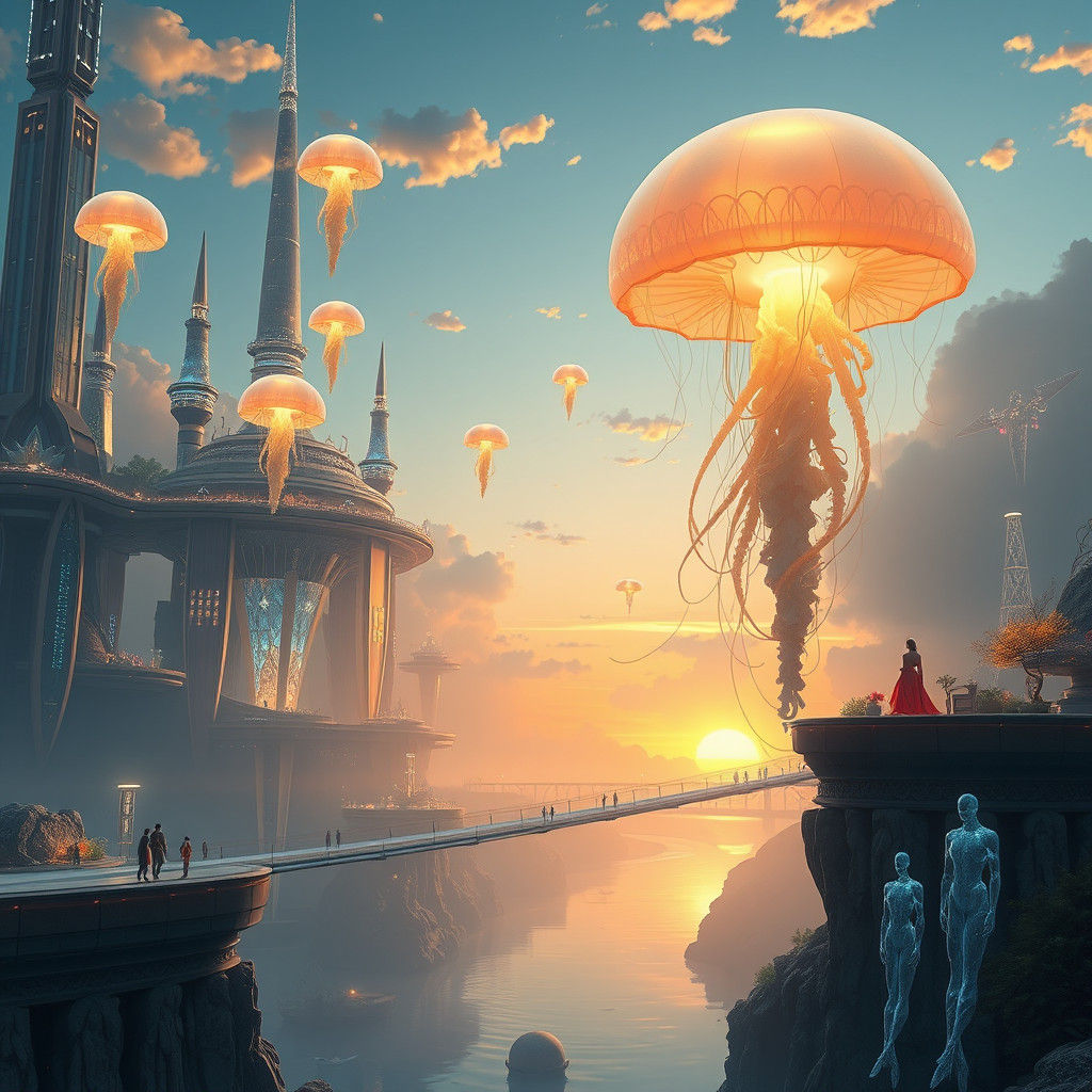 Majestic Floating City at Sunset: Dreamlike Concept Art
