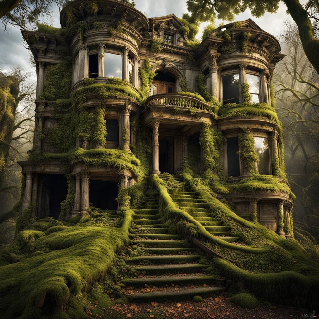Detailed Abandoned Mansion in an Apocalypse Art Style