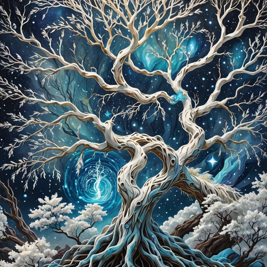 Cosmic Willow Tree and Blue Diamond Dragon