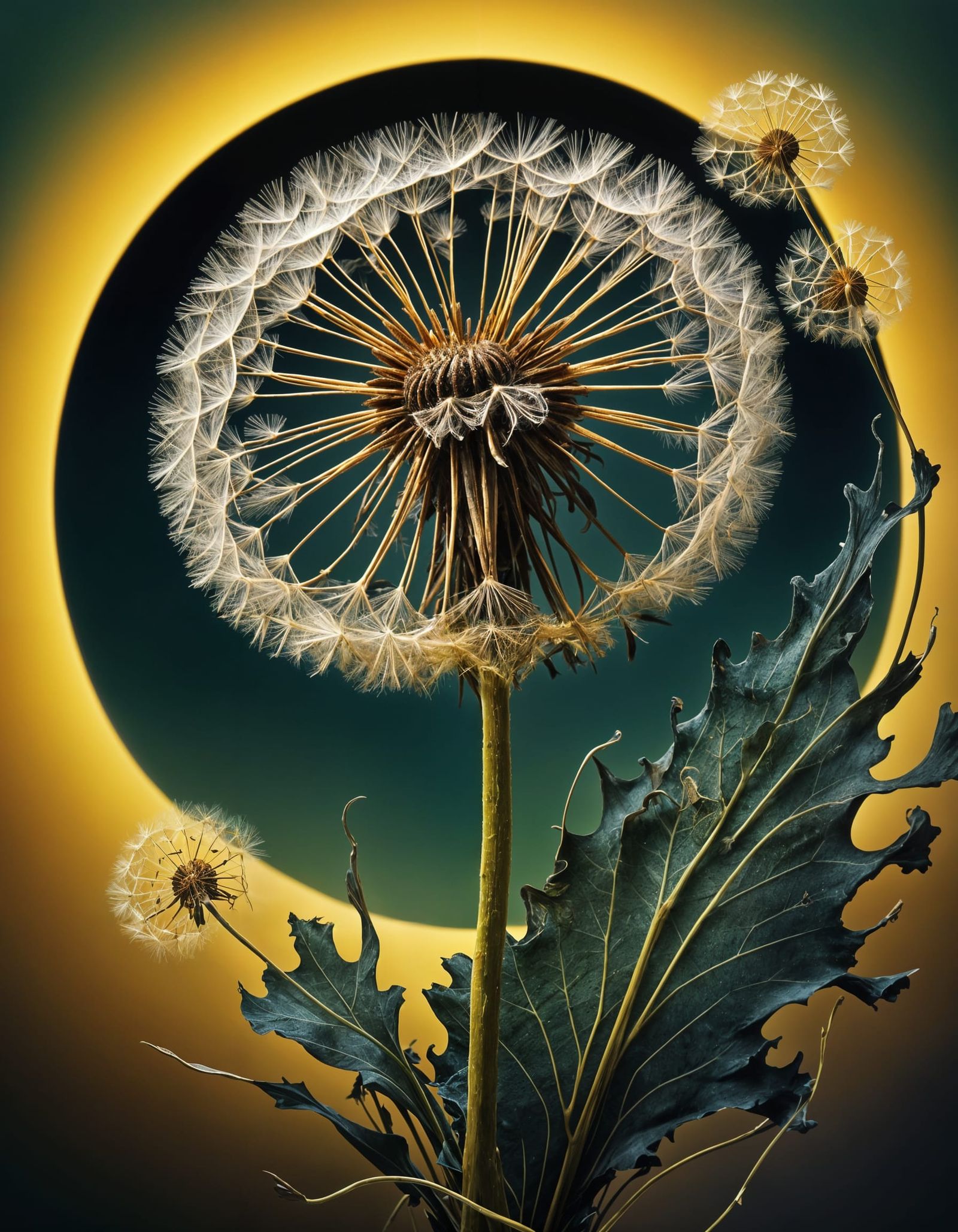 Surrealistic Golden Dandelion Bloom in Studio Ghibli Style
