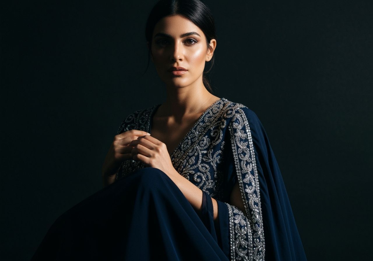 Ethereal Obsidian Woman in Midnight Blue Gown