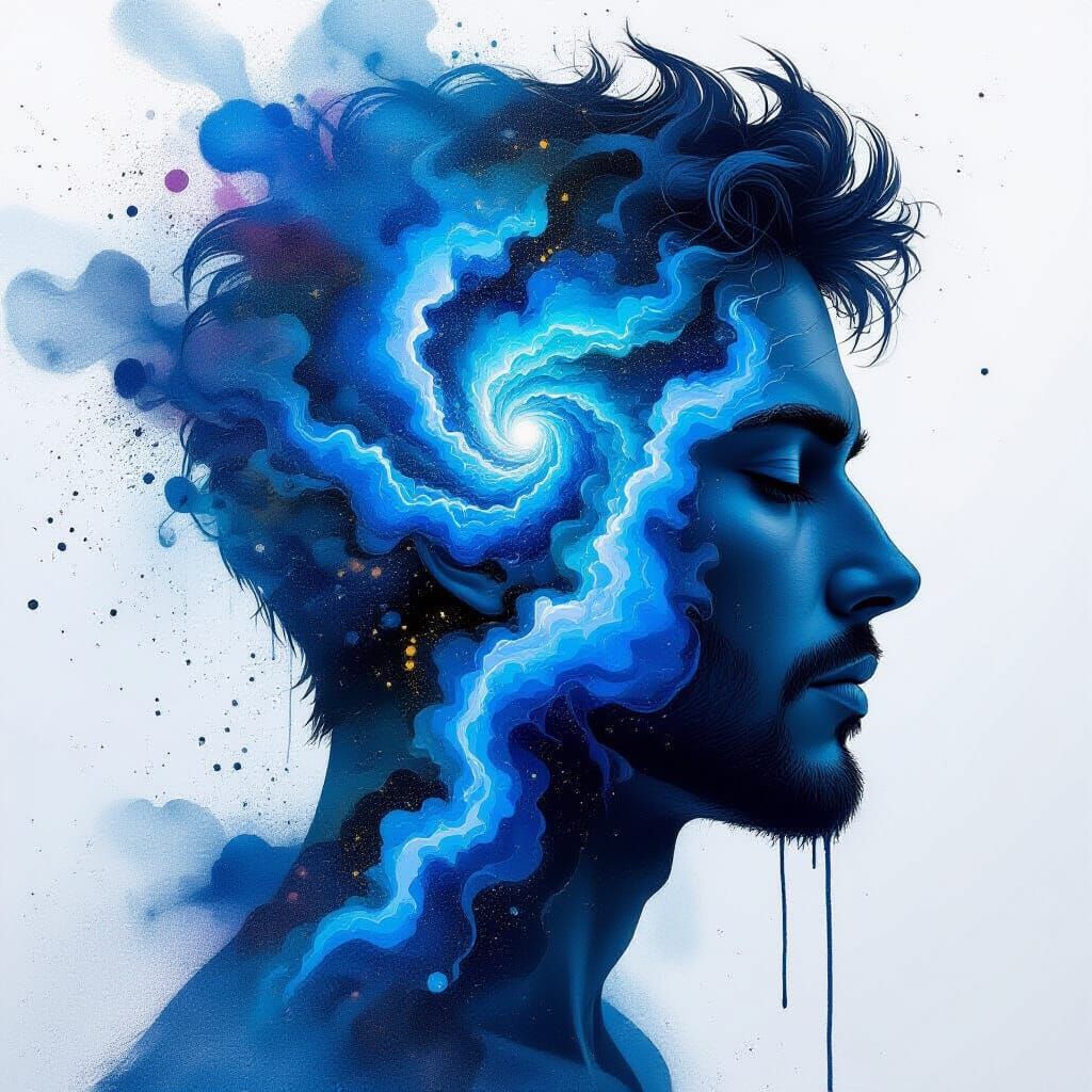 Abstract Blue Nebulae In Human Silhouette