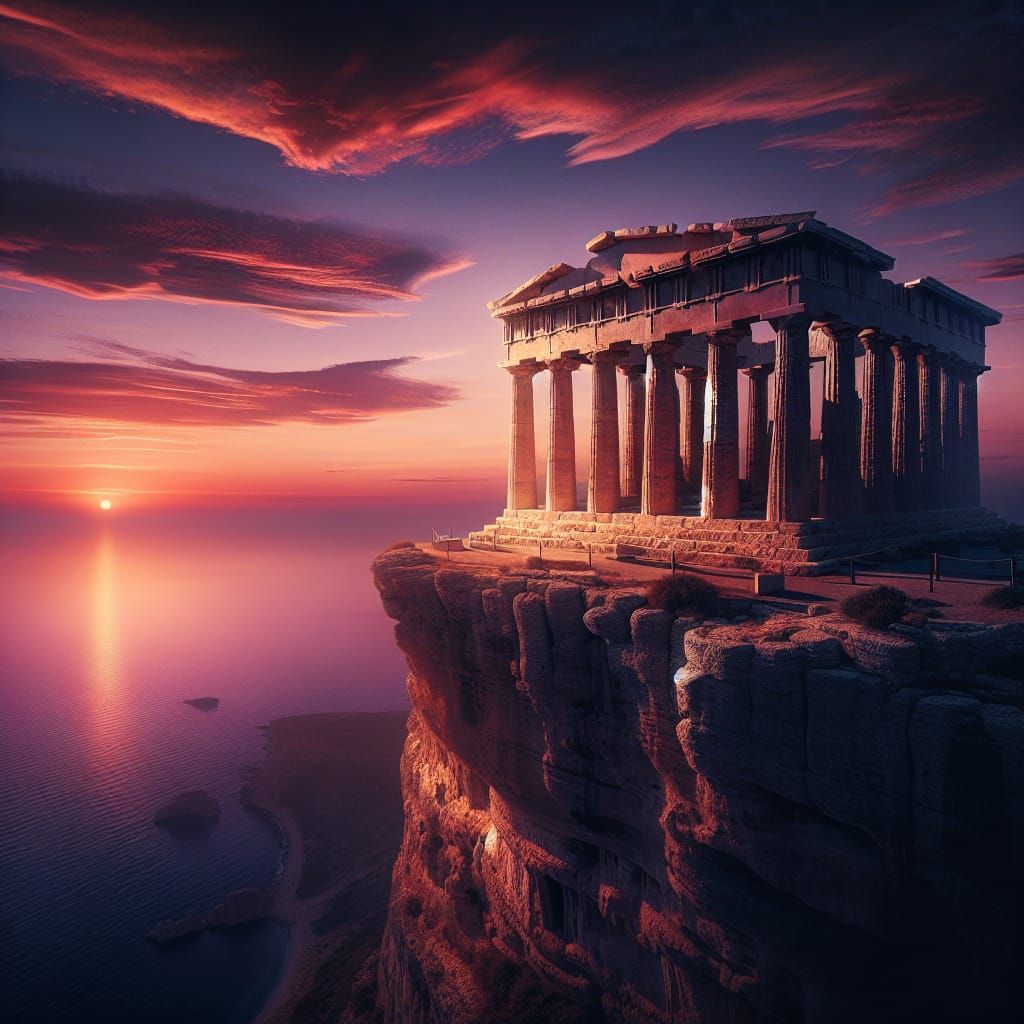 Greek Temple at Sunset on Cliffside