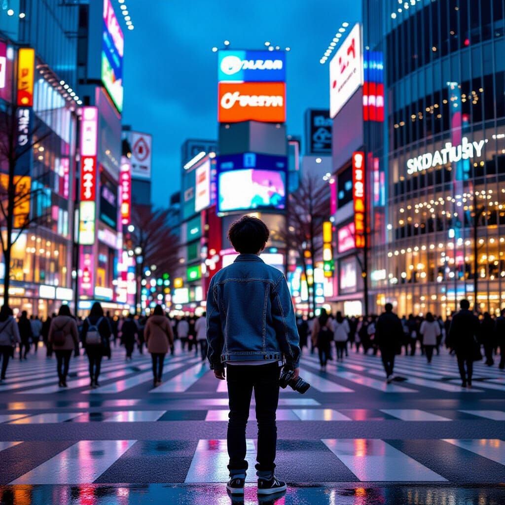 Shibuya Crossing at Dusk in Cyberpunk Style