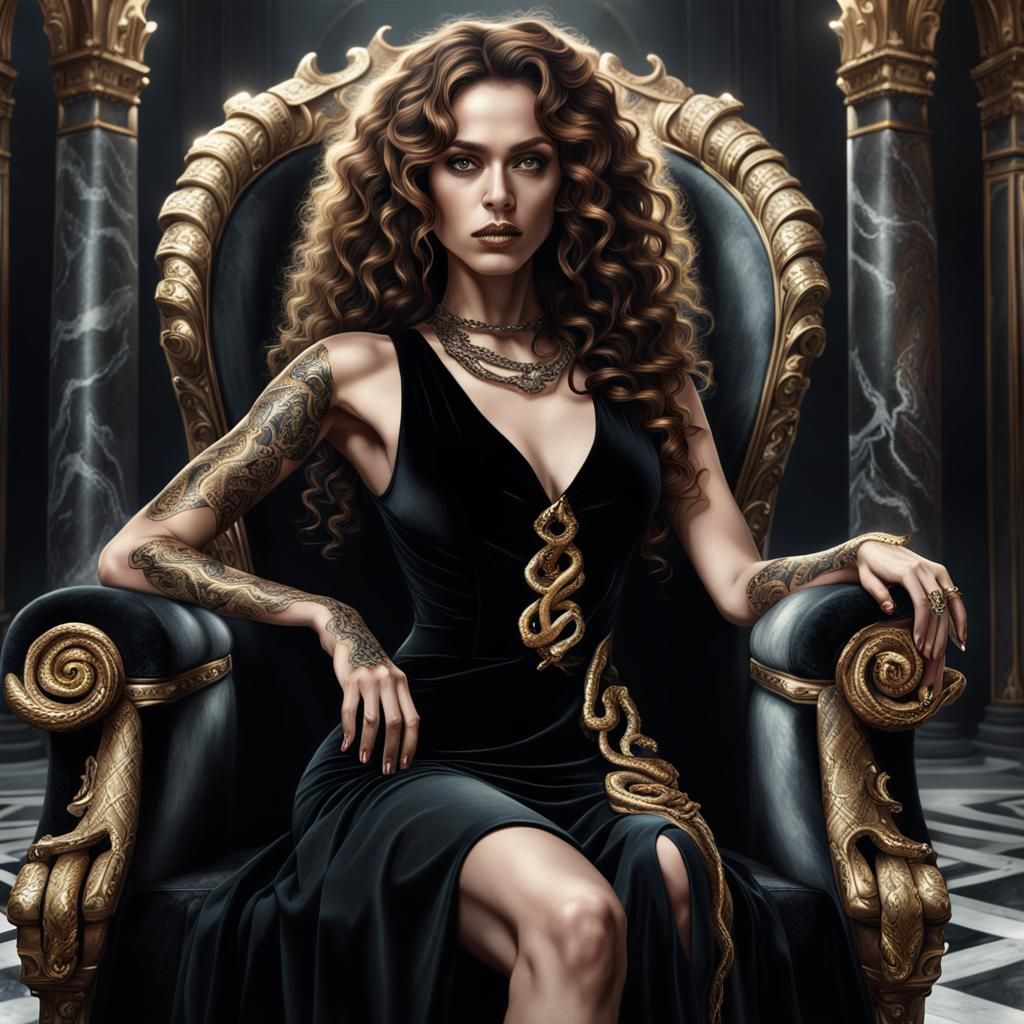 Girl with Snake Tattoo on Gothic Marble Throne