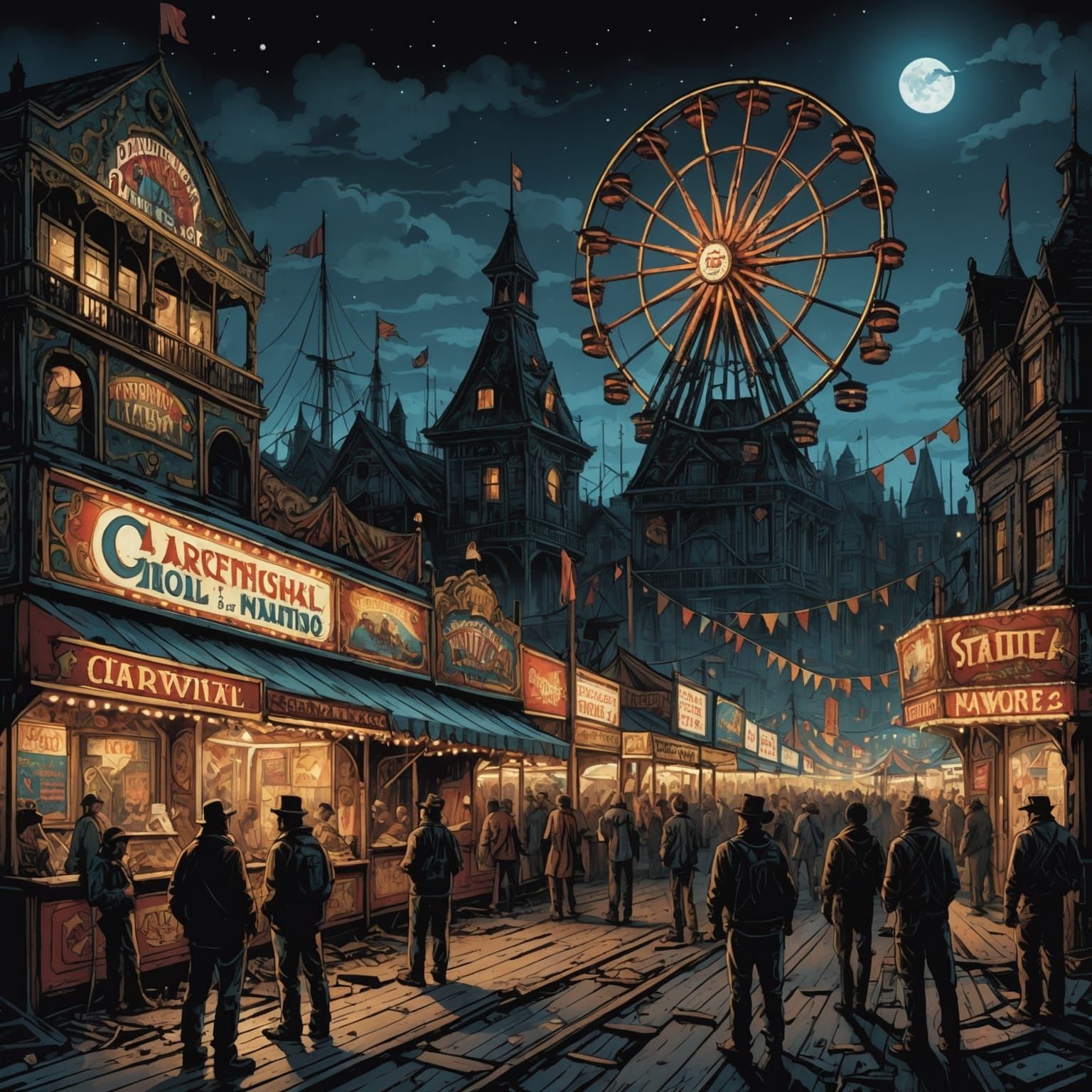 Dilapidated Carnival at Night: Comic Book Illustration