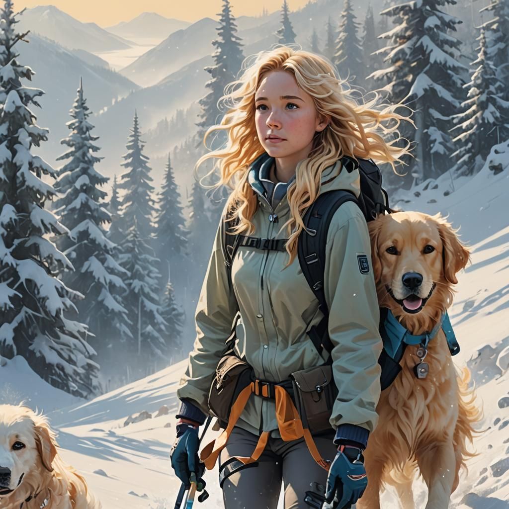 Woman Skiing with Golden Retriever: Fantasy Art