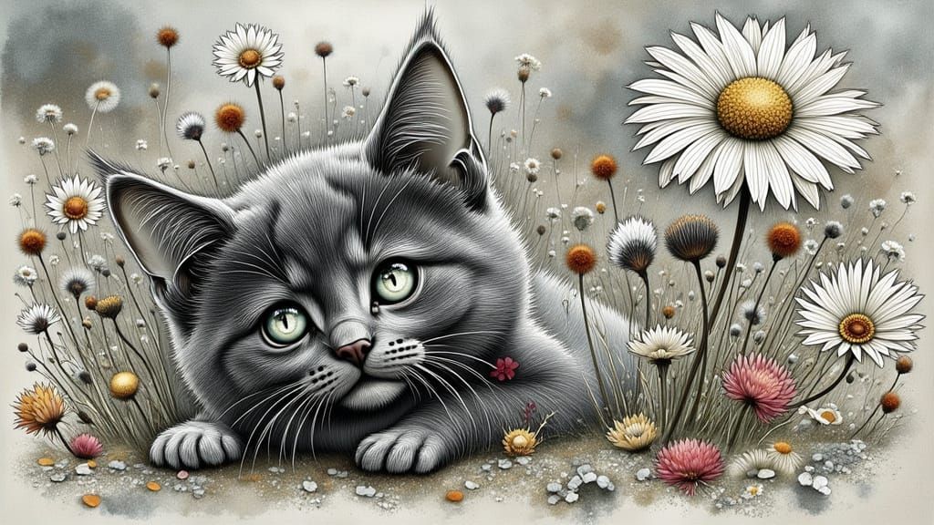 Cat in Wildflower Meadow: Impressionistic Surrealism