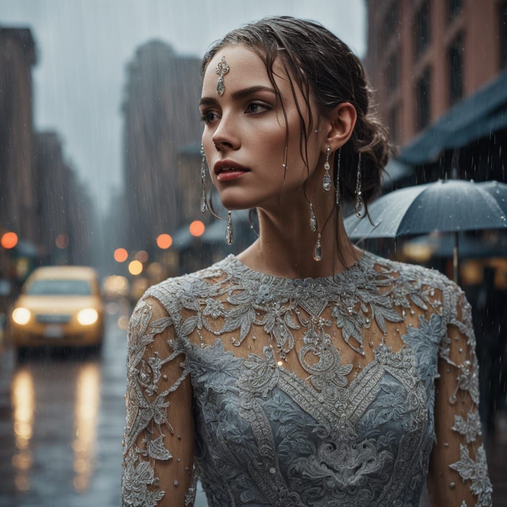 Woman in Rain, Hyperrealistic Photography Style