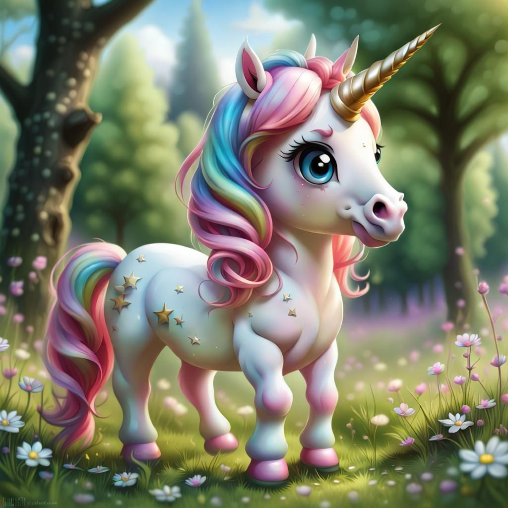 Chibi Unicorn Playing in Spring Meadow Airbrush Art