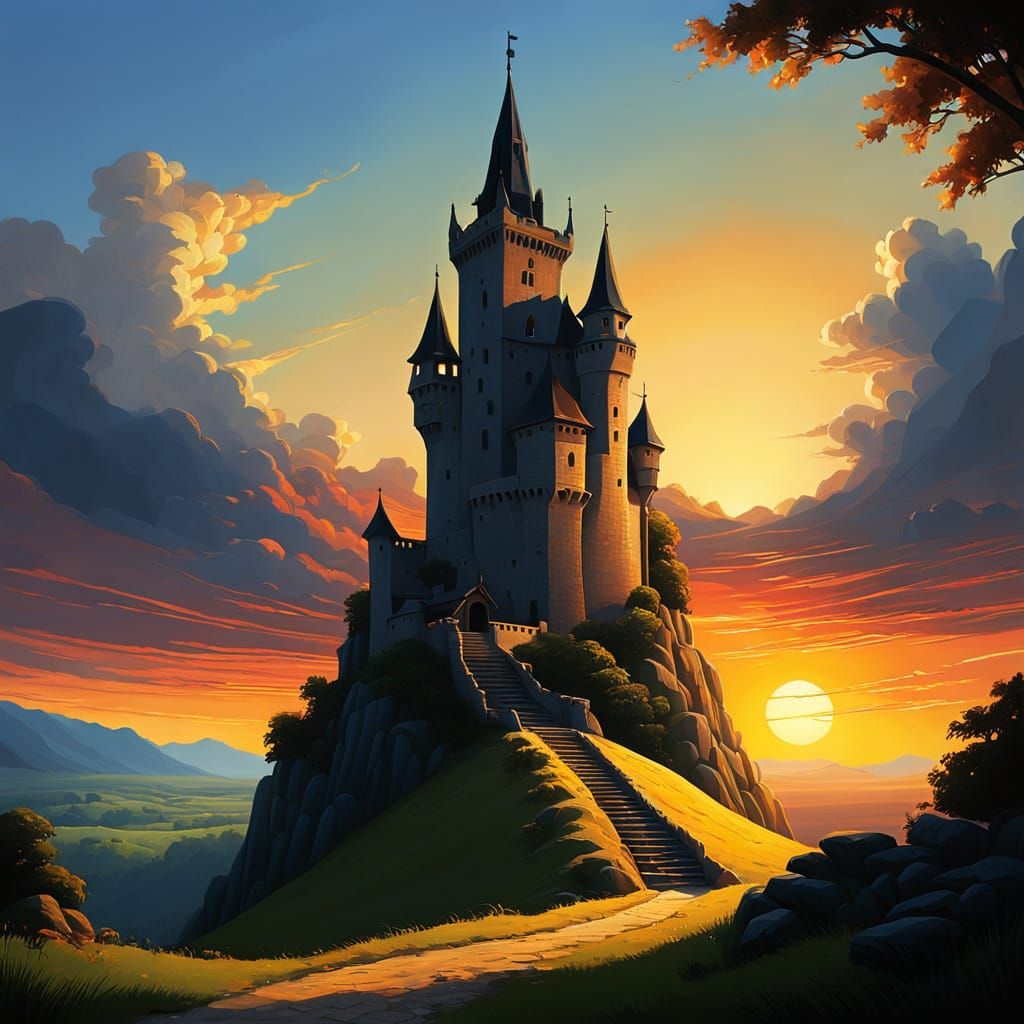 Medieval Tower at Sunrise in Chiaroscuro Cartoon Style