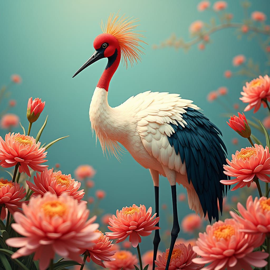 Japanese Crane in Chrysanthemum Field, Ethereal 3D Illustrat...
