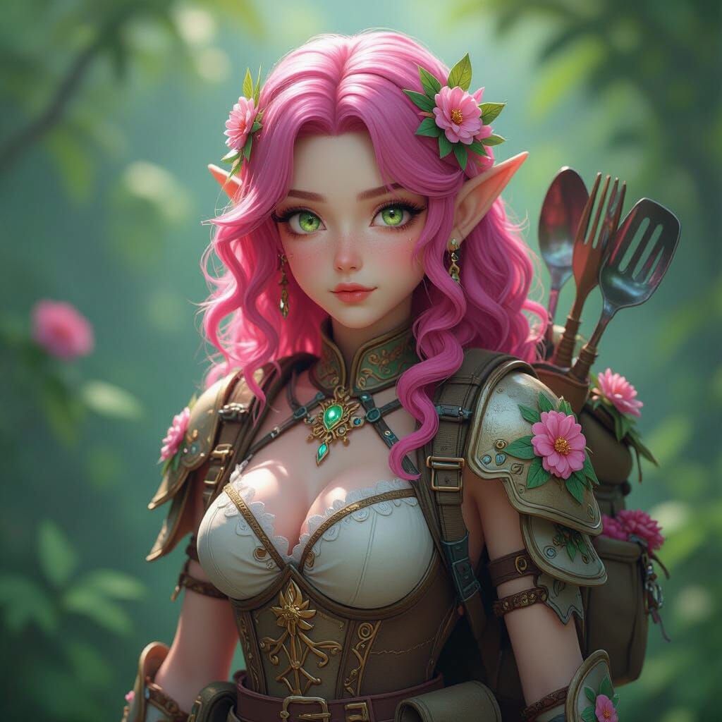 Fairy Barbarian with Flower Armor in 3D Anime Style