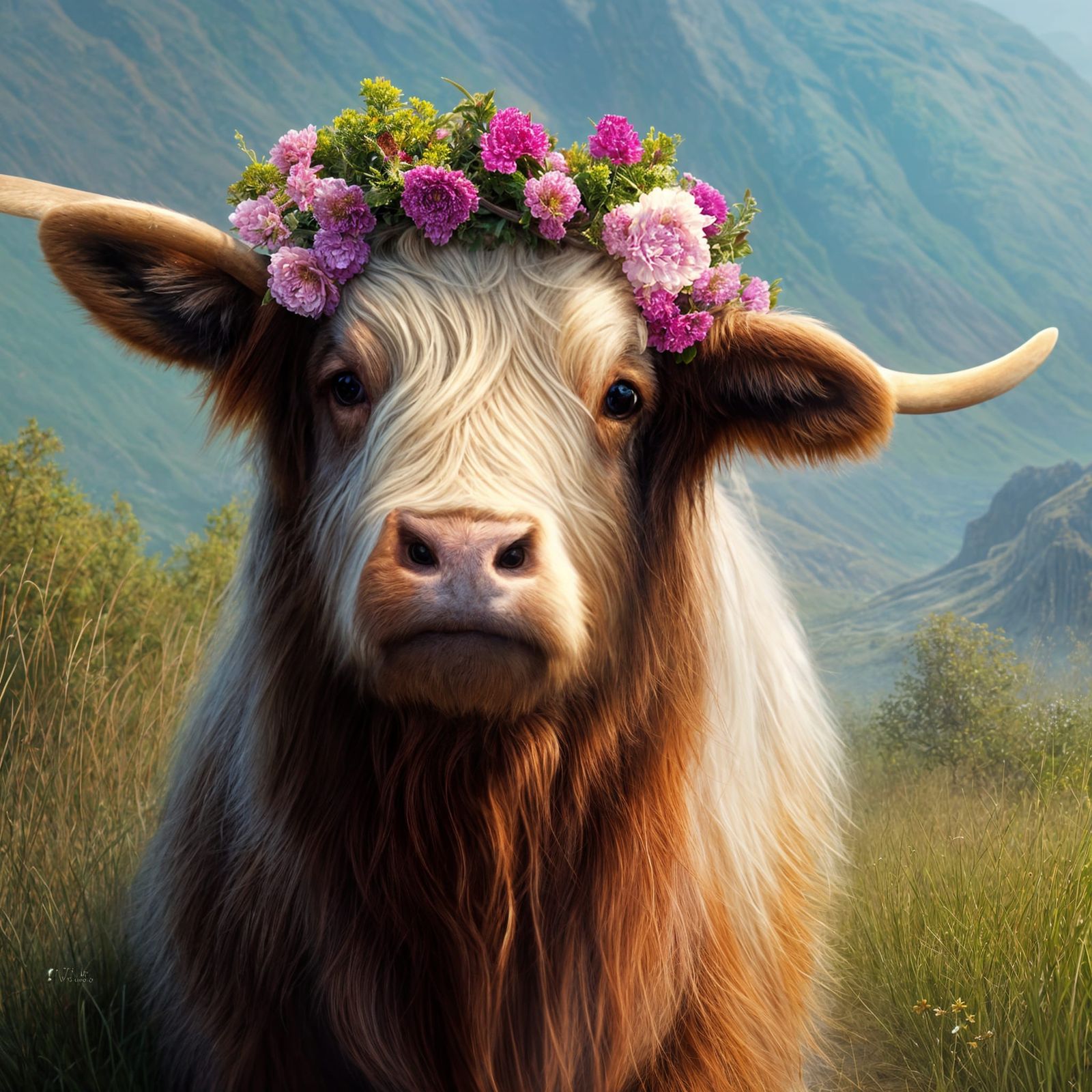 Highland Cow with Flower Crown, Digital Painting