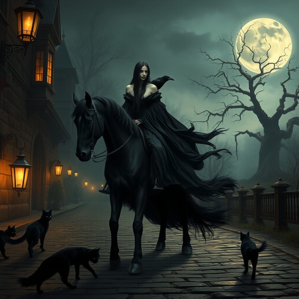 Dark Maiden Rides Under Full Moon Beside Gothic Mansion with...