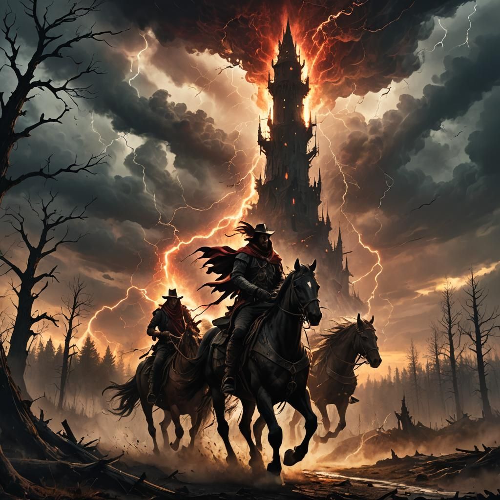 Post-Apocalyptic Horsemen Approaching Dark Forest Tower