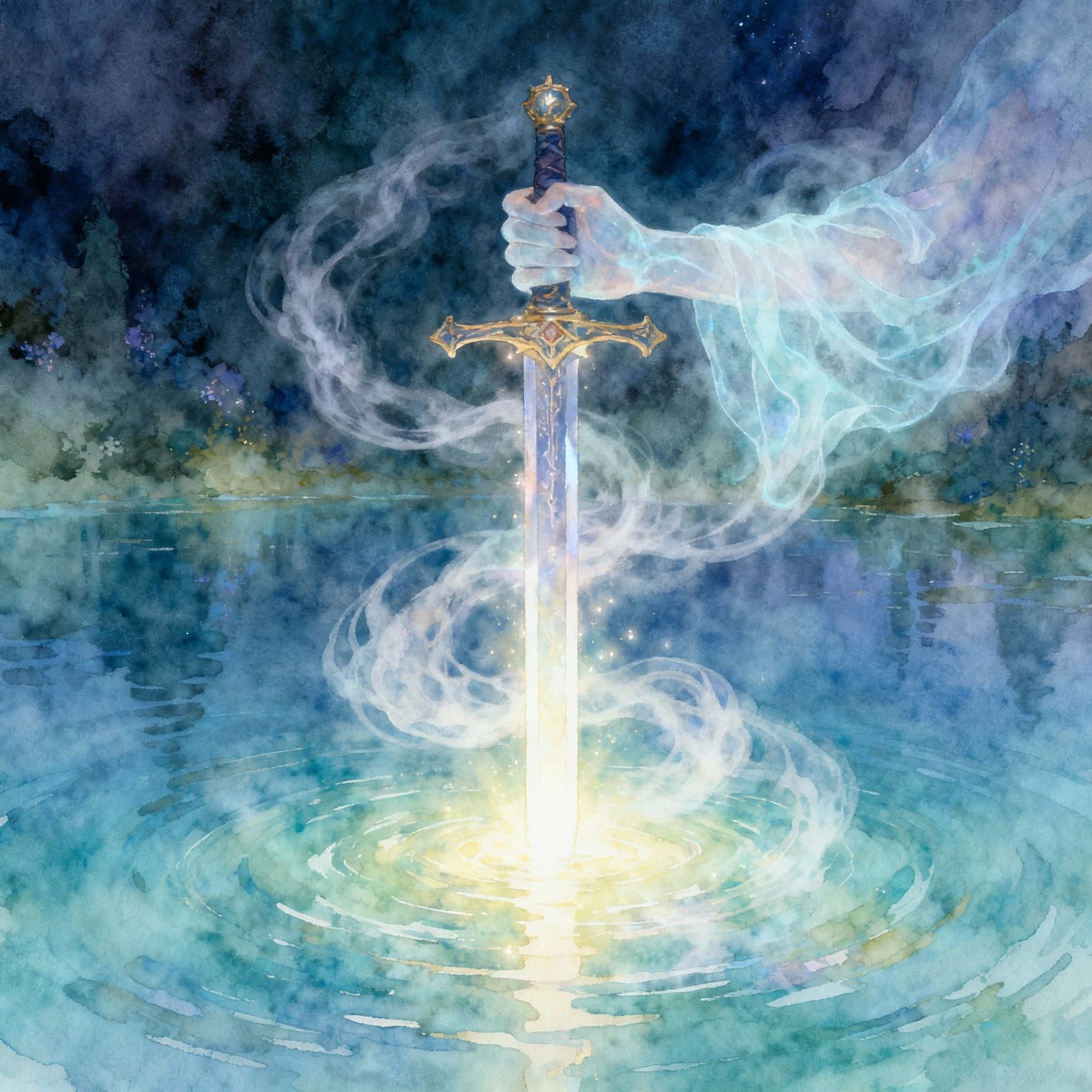 Ghostly Hand Rises Excalibur From Glowing Lake