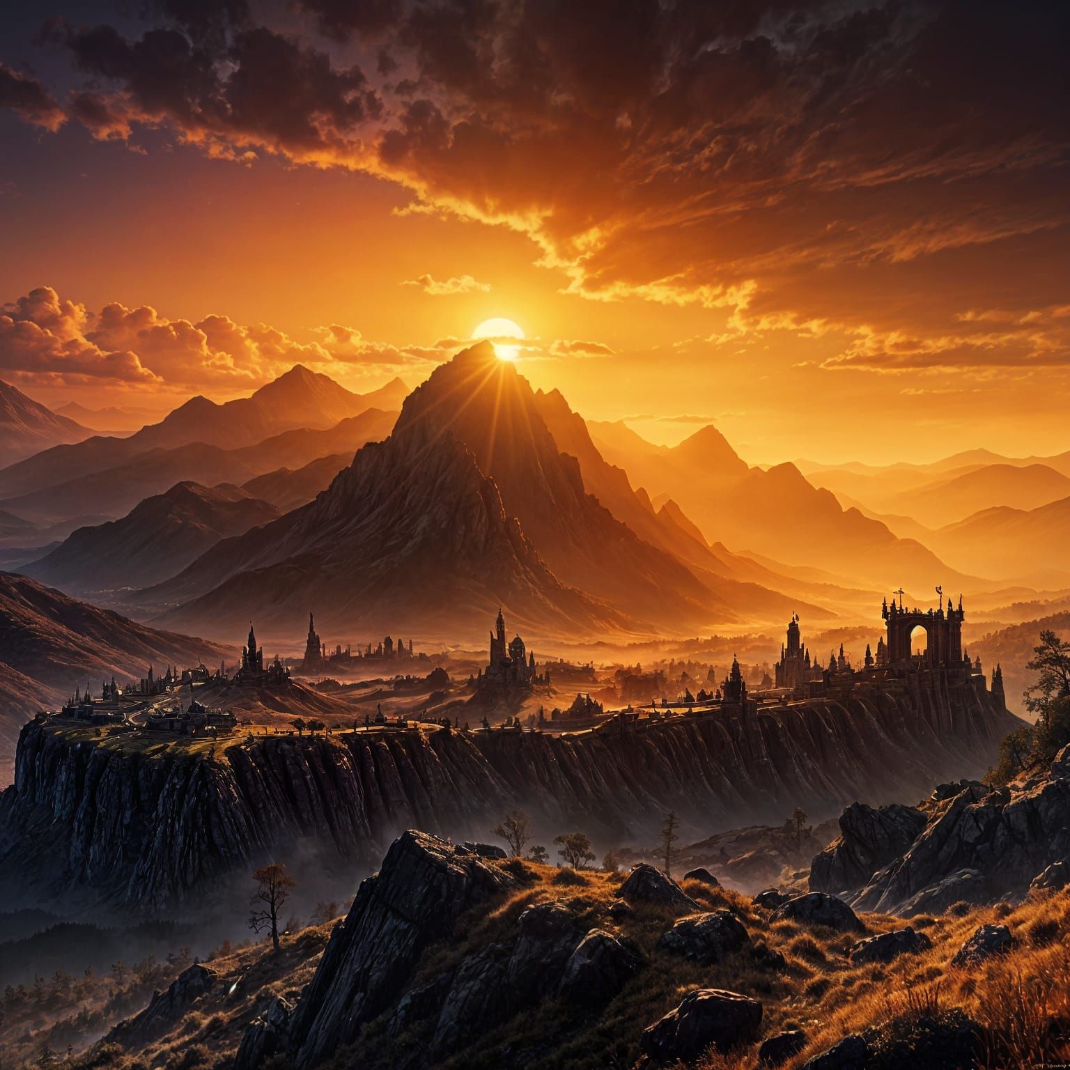 Apocalyptic Sunset Over Golden Forest: Fantasy Art