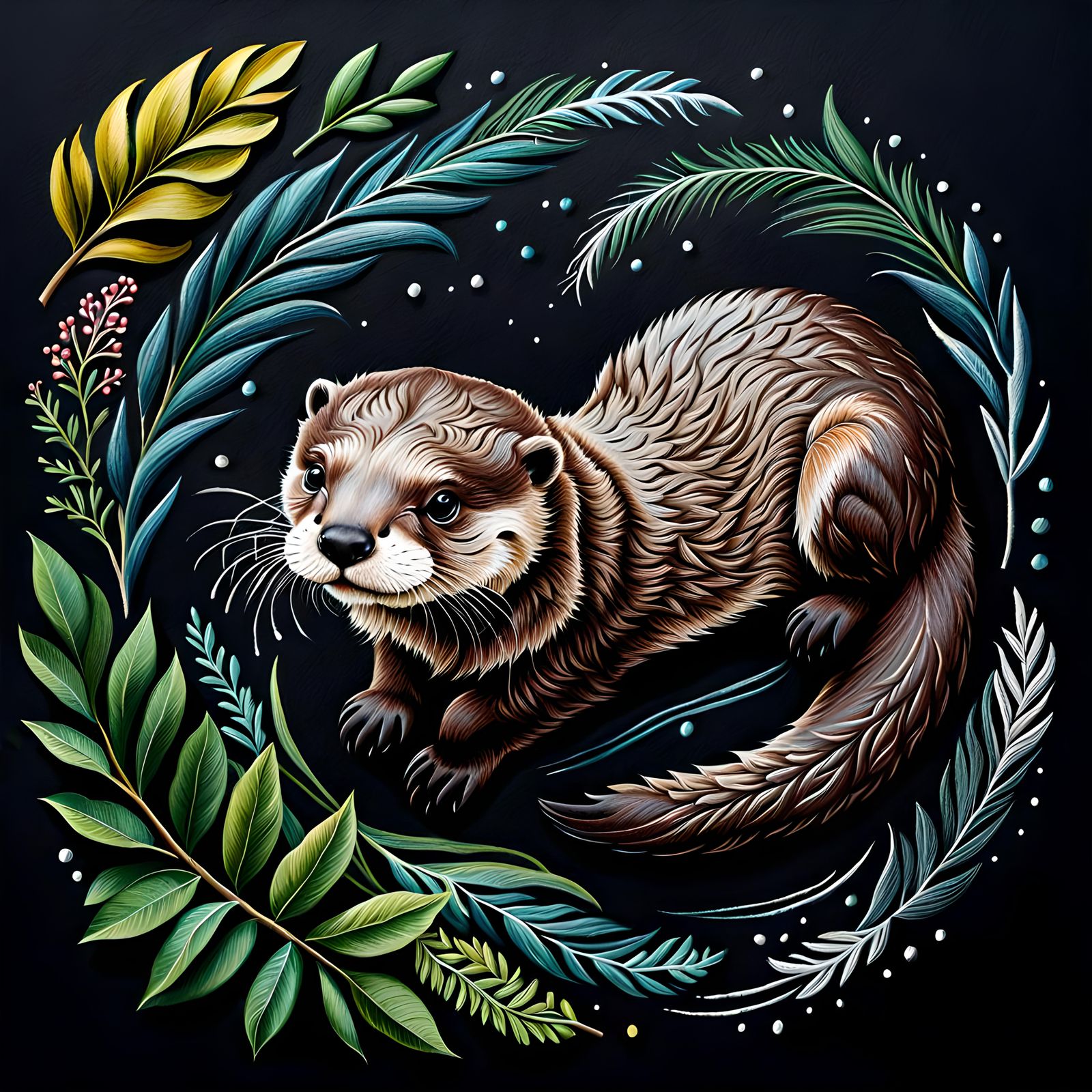 Chalk drawing of an otter on black paper 🌿🦦