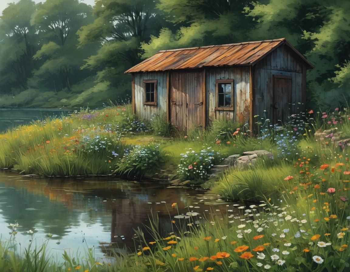 Melancholic Lakeside Shed with Wildflowers in Fantasy Art St...