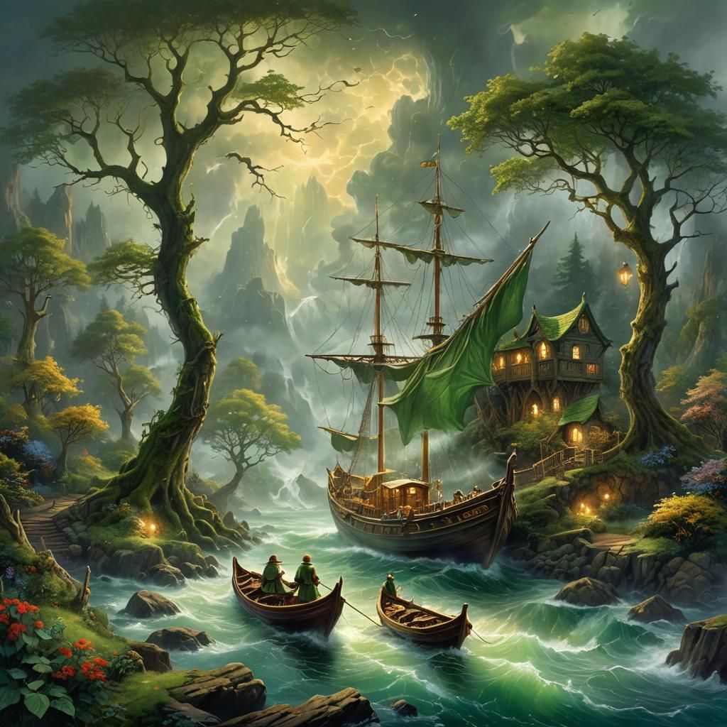 Ethereal Elf Boat Journey Through Stormy Forest