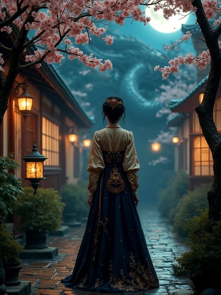 Steampunk Dragon Watcher in Moonlit Courtyard