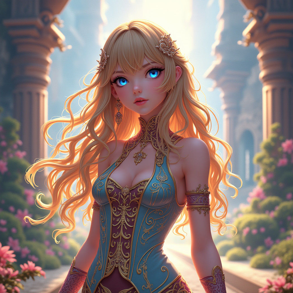 Anime Style Woman in Fantastical Landscape