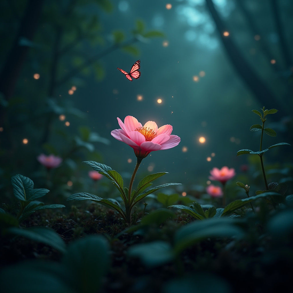 Neon Butterflies in Dreamy Green Mystery Forest