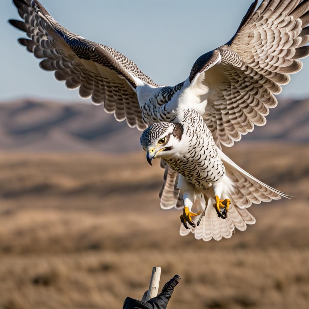 Gyrfalcon Takes Flight from Falconer's Fist