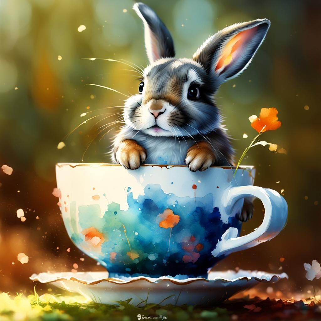 Cute Rabbit in Teacup: Watercolor Whimsical Art