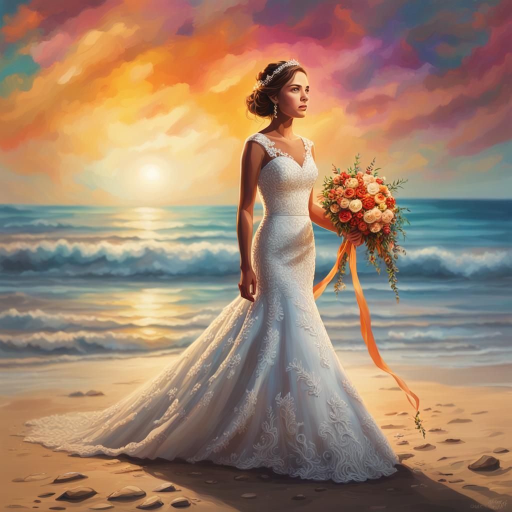 Hyperrealistic Bride on Beach Aisle in Splash Art Style