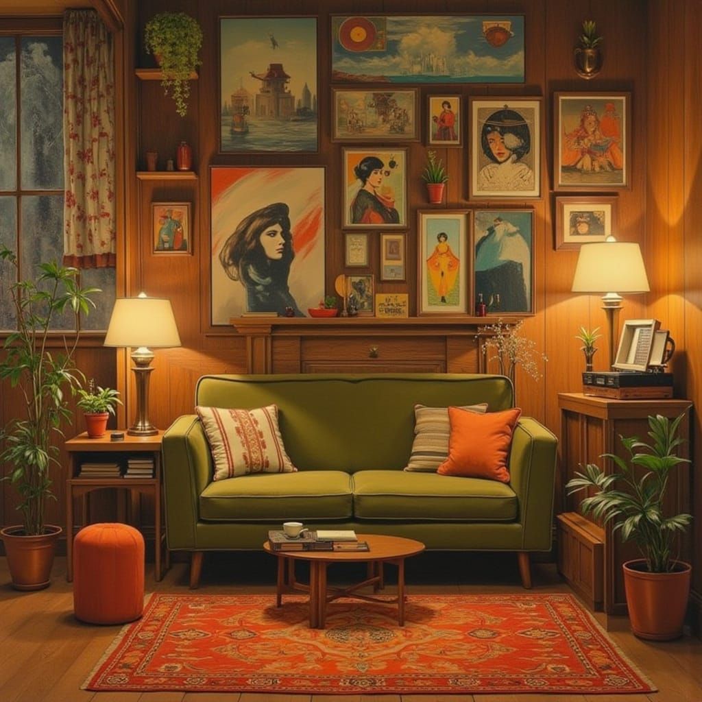 Mid-Century Living Room Oil Painting with Retro Vibe