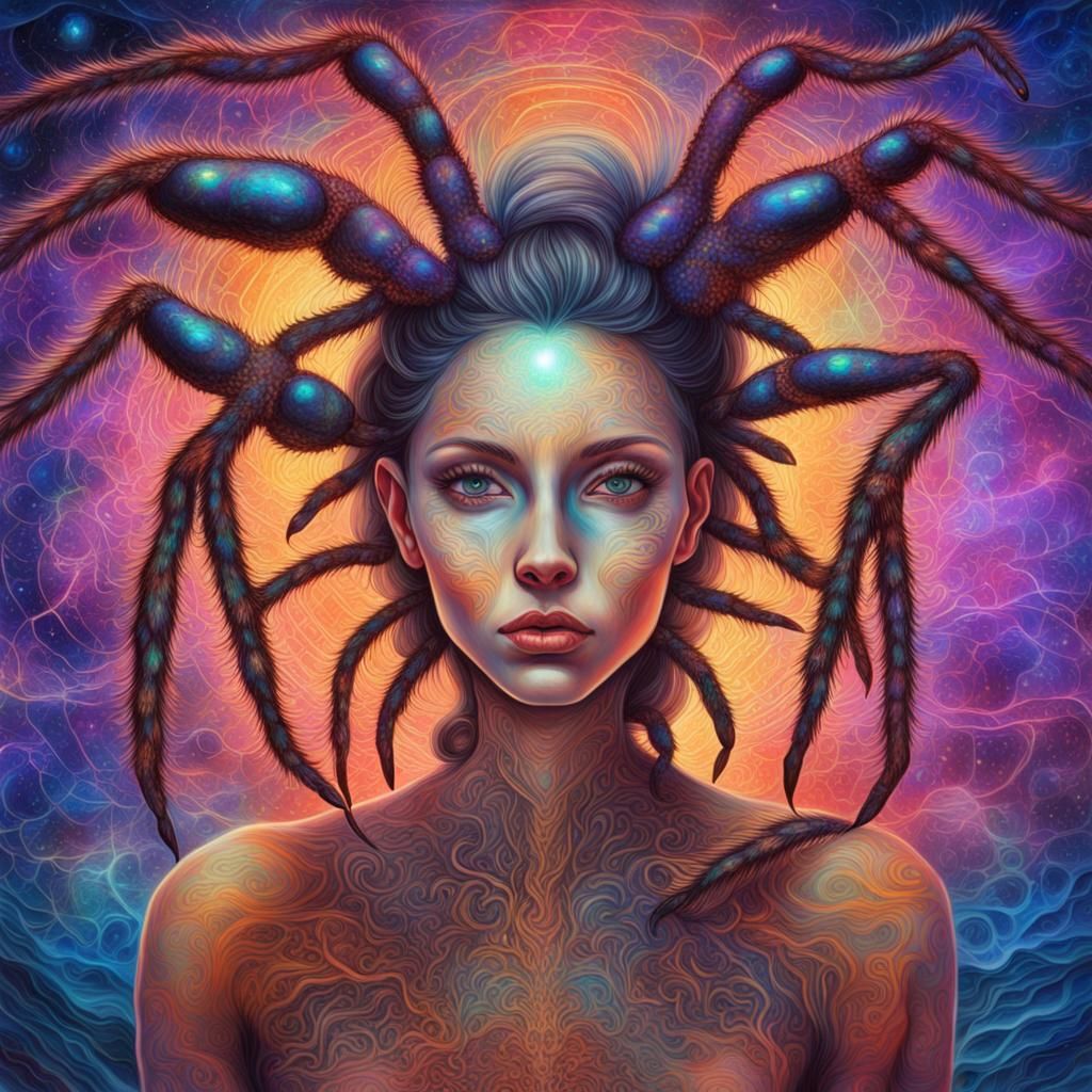 Tarantulas Capture Woman in Holographic Astral Art