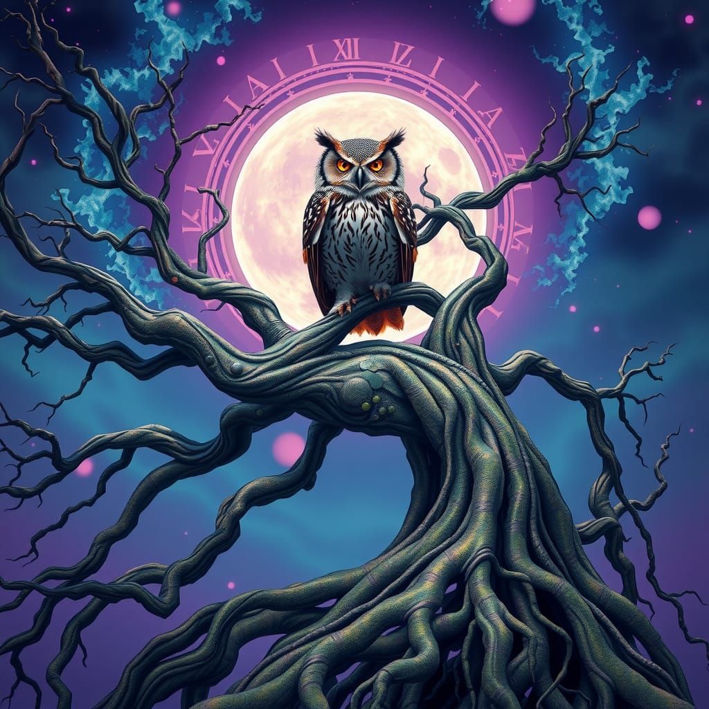Mystical Owl on Ancient Tree in Digital Art