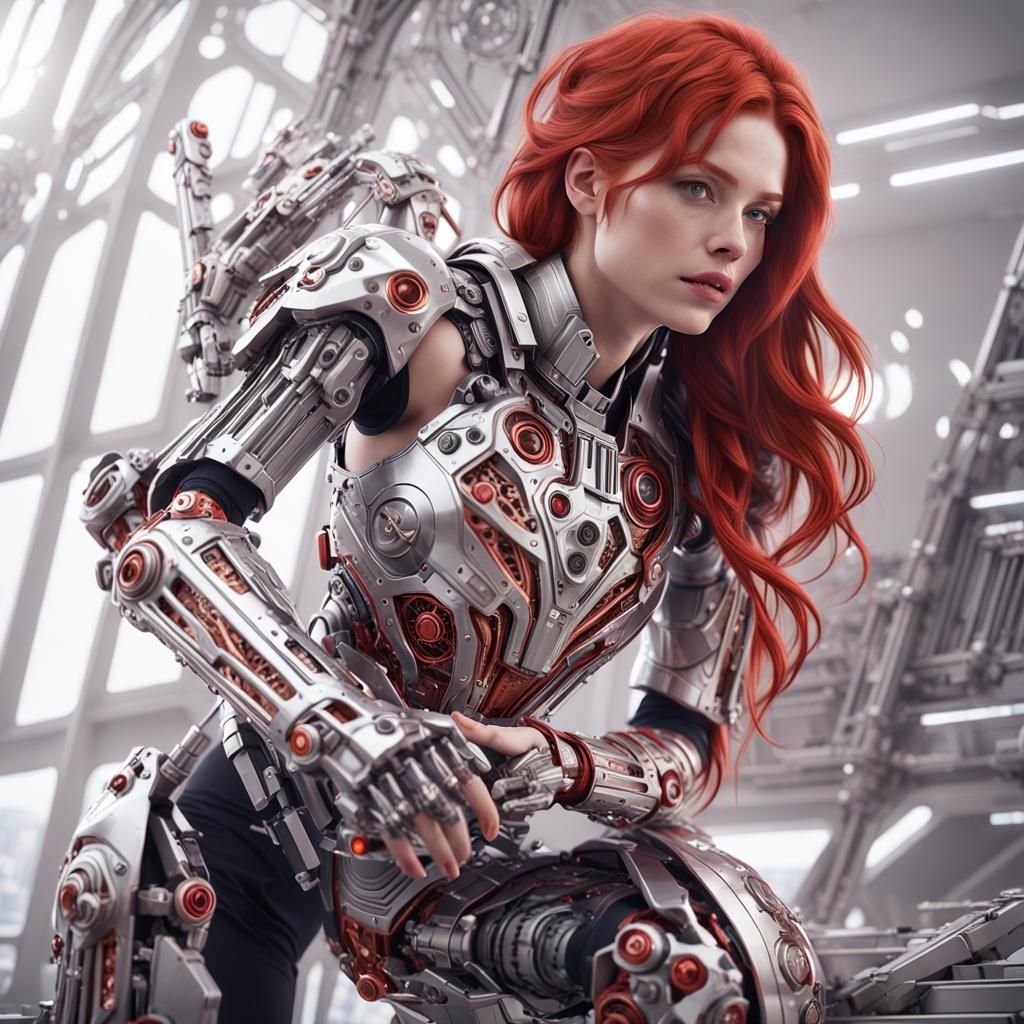 Futuristic Woman with Red Hair and Mech Details