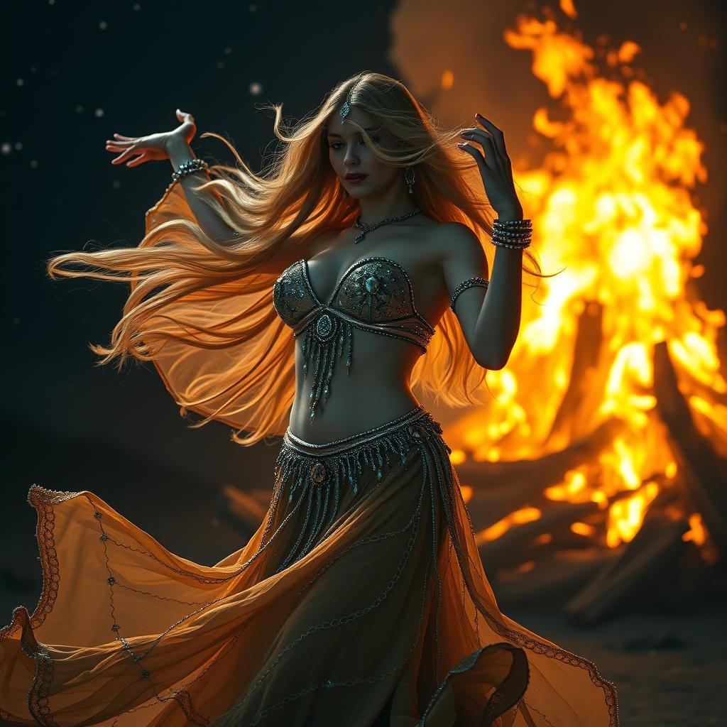 Elegant Belly Dancer in Night Sky Firelight