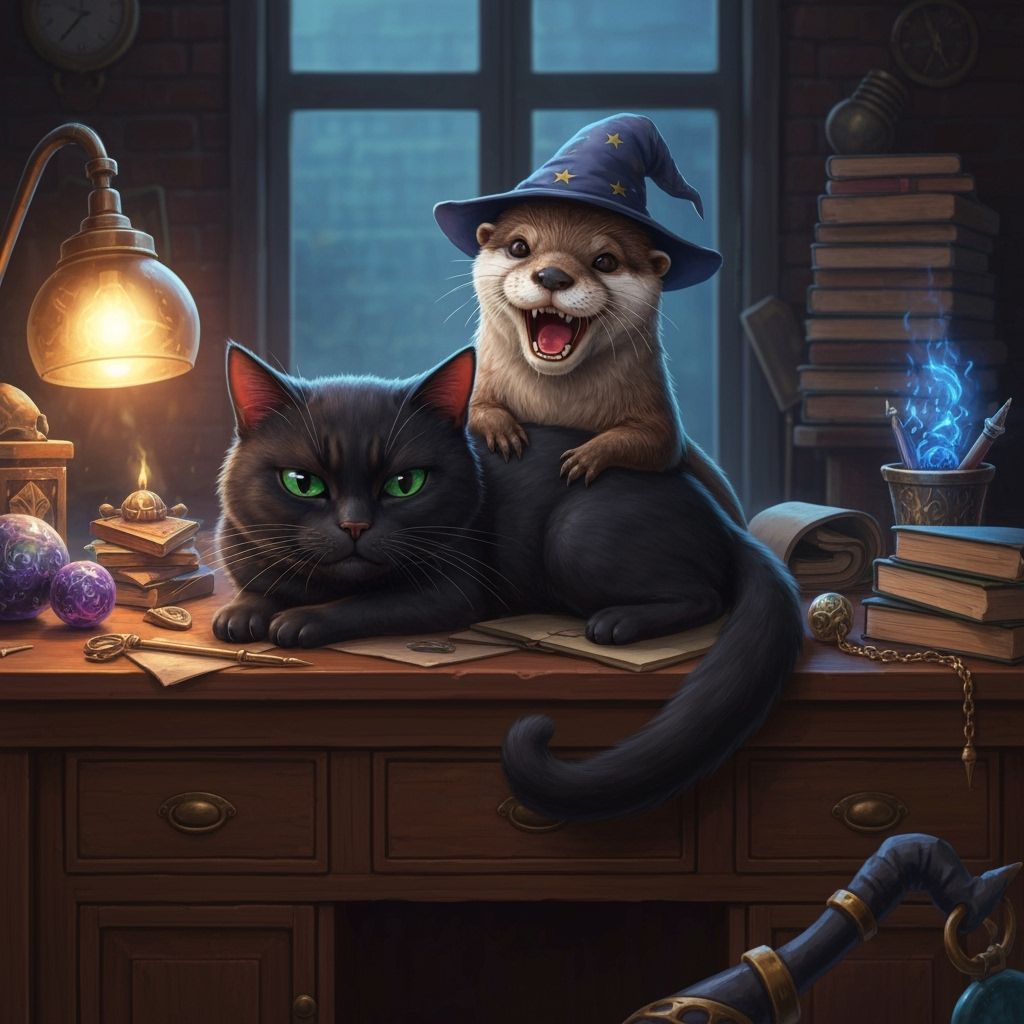 Velvet Cat Uncomfortable on Wizard's Desk in Dystopian Style