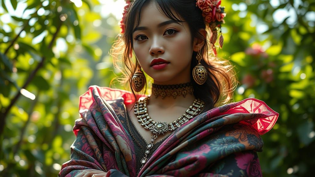 Hyperrealistic Portrait of a Woman Wrapped in Vibrant Fabric...