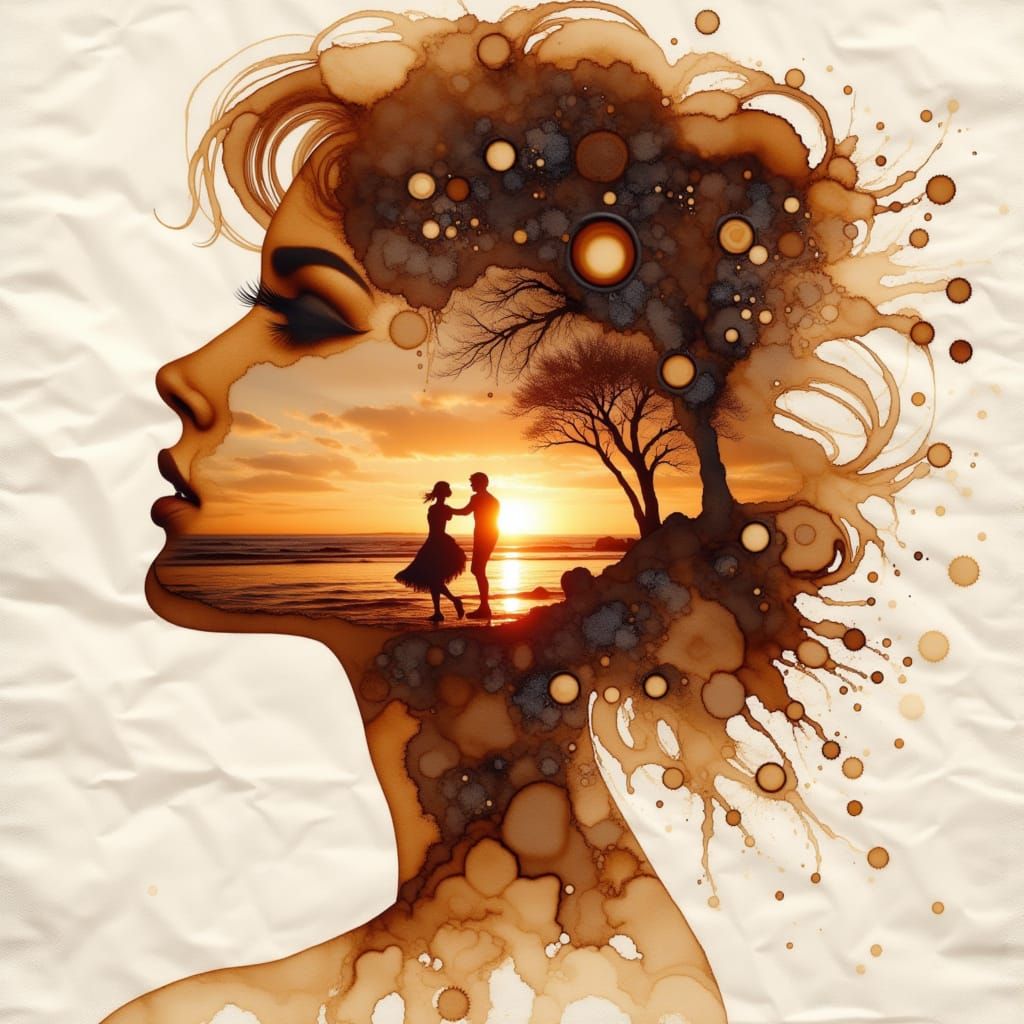 Double Exposure Coffee Art: Woman Silhouette Dancing at Suns...