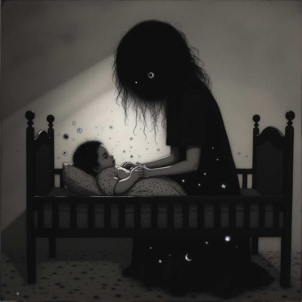 A Gentle Ghostly Mother Watches Over Her Sleeping Child
