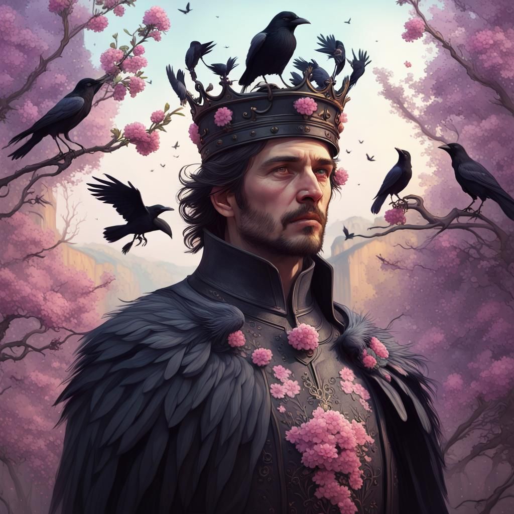 Crowned Man with Crows in Pastel Spring