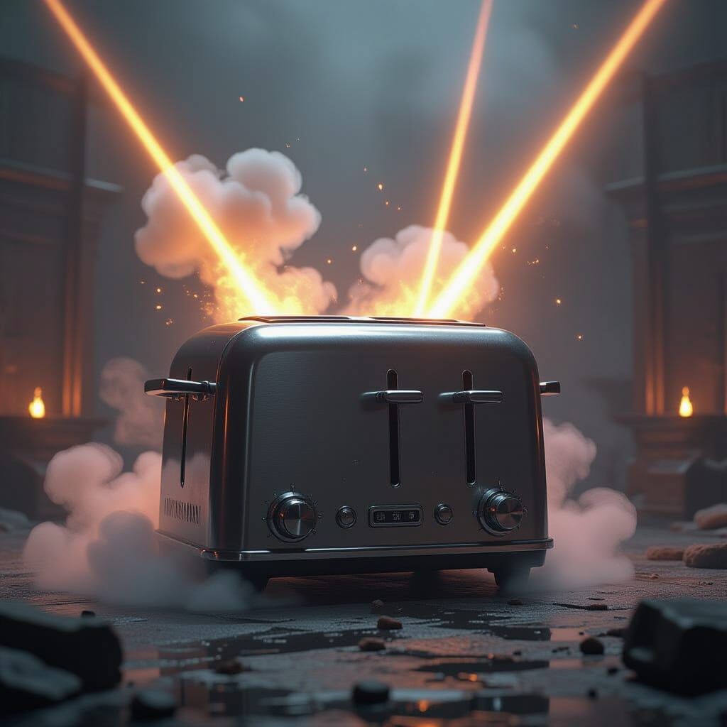 Giant Sentient Toaster Boss Battle in Dark Fantasy Style