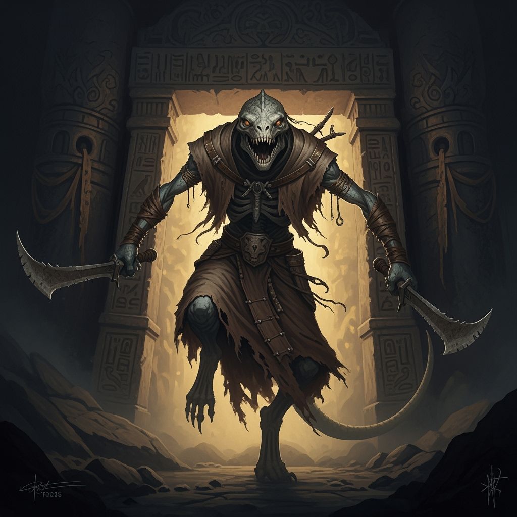 Lizard Warrior Emerges from Ancient Tomb in Dark Fantasy Sty...
