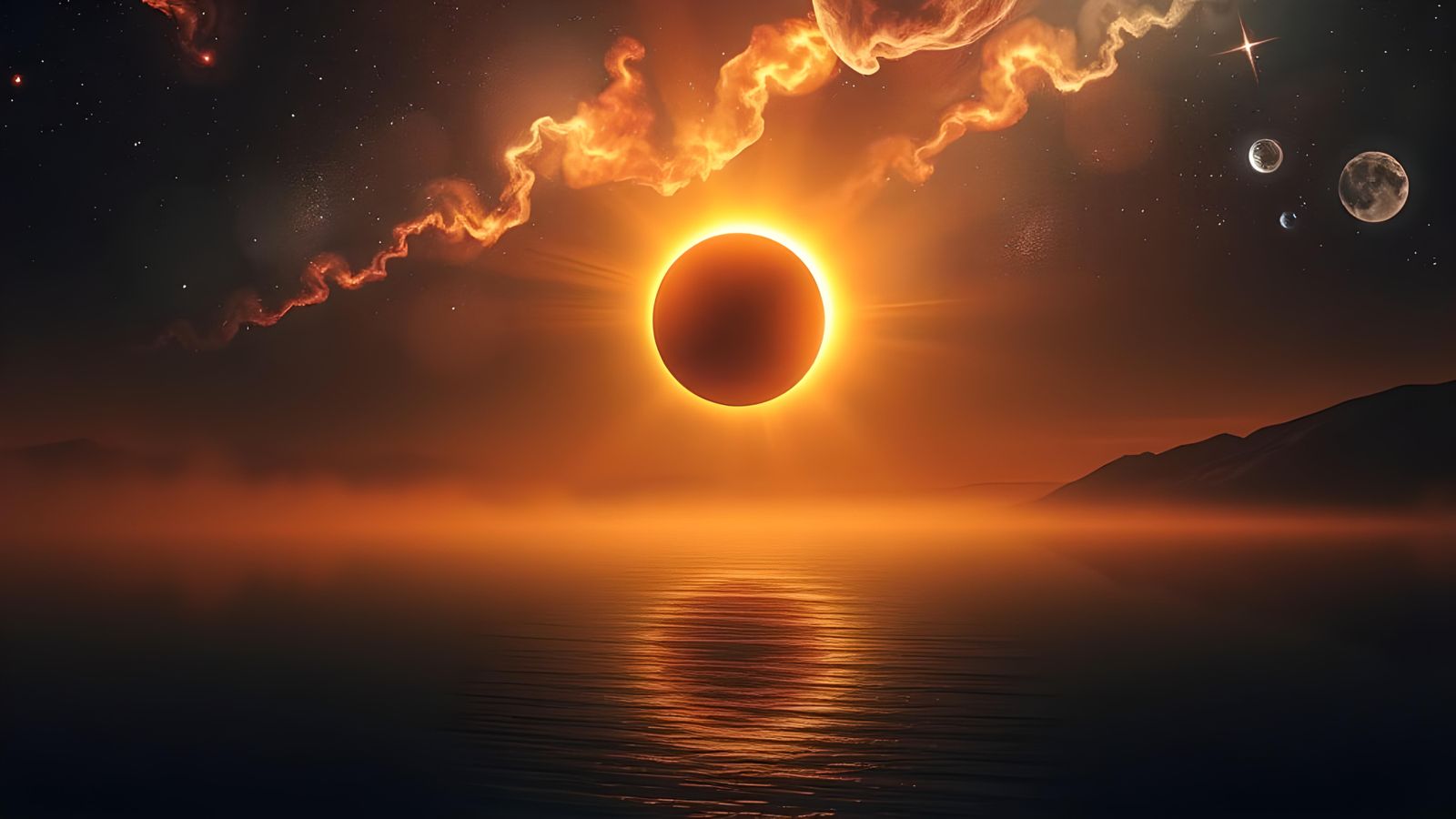 Triple Eclipse on Alien Lake: Hyperrealistic Concept Art
