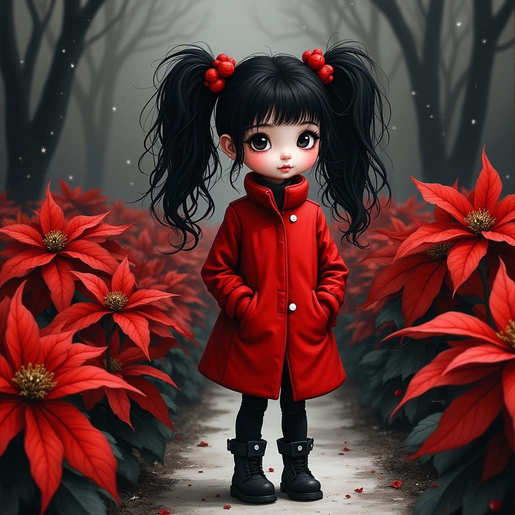 Monochromatic Girl Caricature in Garden as Detailed Painting