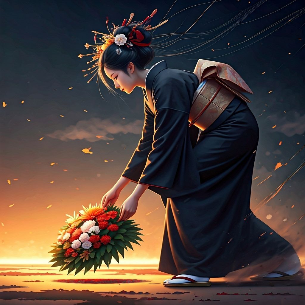 Woman in Black Kimono Lays Wreath in Dramatic Splash Art