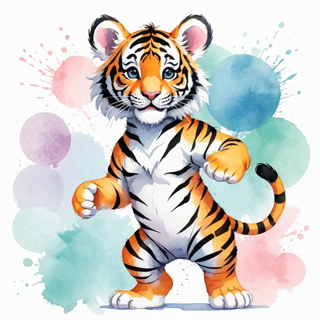 Cute Disco Dancing Baby Tiger in Watercolor